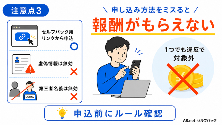 注意点3.申し込み方法をミスるとセルフバック報酬がもらえない