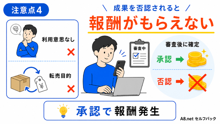 注意点4.成果を否認されるとセルフバック報酬がもらえない