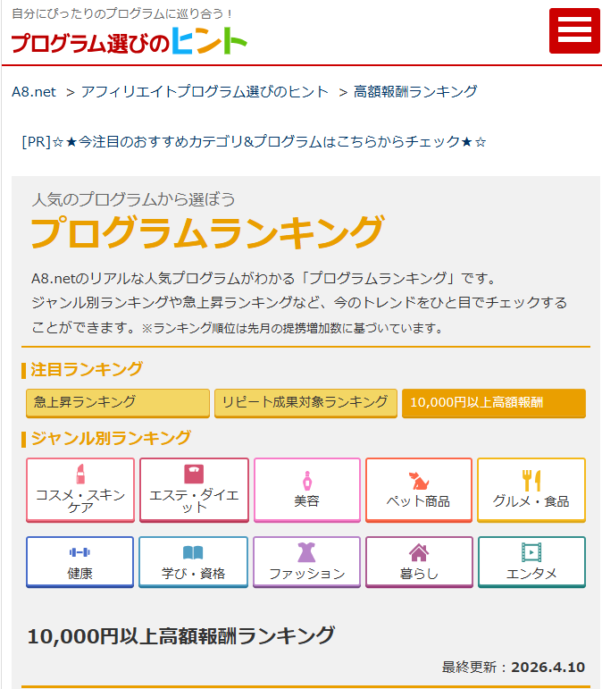 A8.netの「成果報酬1万円以上のアフィリエイトプログラムランキング」
